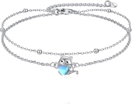 YFN Pulsera con piedra de luna para mujeres en plata de ley, bonito brazalete de gato con tachuelas, joyería regalo (gato), 27.94, Plata de ley, Sin gema