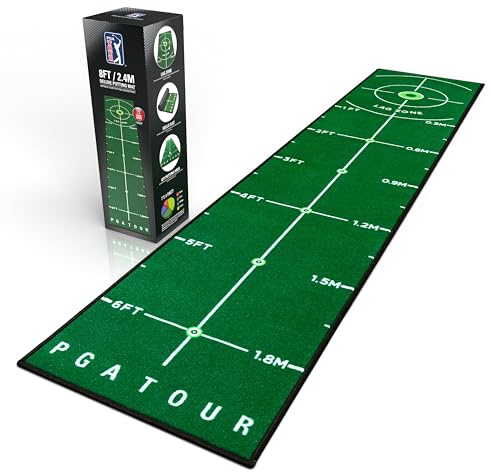 PGA Tour Alfombrilla de golf de lujo de 8 pies para golf de interior, alfombrilla de golf con directrices de entrenamiento, objetivo de agujero de tamaño completo, área de putt de 6 pies, verde, bolsa