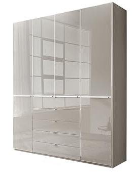 WIEMANN Drehtürenschrank mit 5 Schubkästen hochwertiger Kleiderschrank Schlafzimmerschrank 200cm breit, mit Schubladen, Glas Kieselgrau, Höhe 236cm, Shanghai