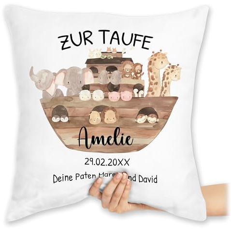 Kissen 40x40 Zierkissen - Zur Taufe Arche Noah personalisiert | Taufgeschenk | - 40 x 40 cm - Weiß - taufkissen konfirmation Taufe￼ Cushion taufgeschenke Kommunion personalisierte tauf Geschenke