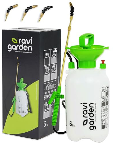Ravigarden Pulvérisateur de Jardin | Pulvérisateur à Pression 5L | Lance en Laiton Durable et Anti-Corrosion | Pulvérisateur à Main avec buse Ajustable pour Un Jet Puissant ou Une Brume délicate