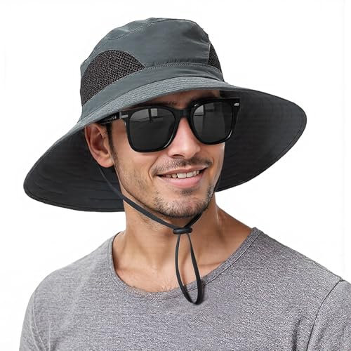 SEFIRST Sonnenhut Herren UV Schutz 50, Breite Krempe Wanderhut Damen Outdoor Sonnenschutz Kappe, Fischerhut Trekking Faltbar, Safari Sonnenschutz Hut Männer, Schlapphut Hut Herren (Dunkelgrau)