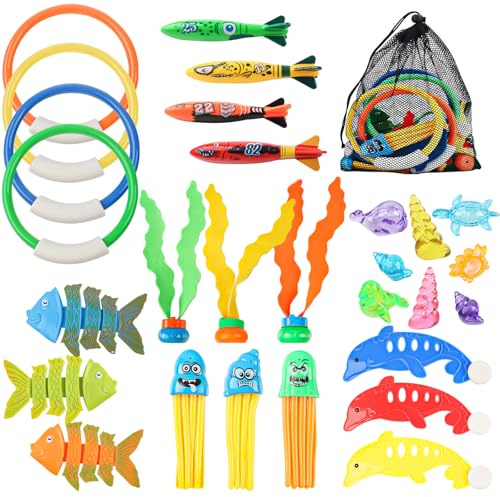 34p Jouets PlongéE Enfants, Set Jouets PlongéE Piscine, Méduses Dauphins Cercles Pierres PréCieuses ArêTes Poisson Algues Mines Poissons Sacs En Filet, Pour Plages En Plein Air Pool Party Cadeau