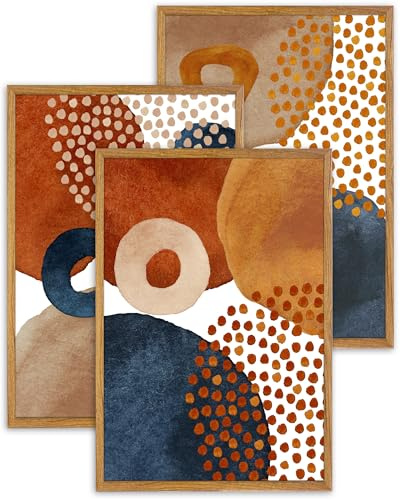 UPWOIGH Modern Boho Abstract Framed Wall Art Set of 3, 40 x 60 cm | Terracotta and Navy Wall Decor With Organic Shapes and Slim Natural-Look Frames for Living Room, Bedroom and Office