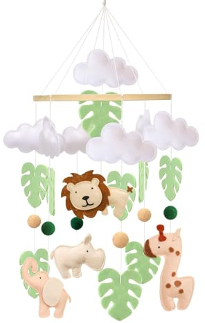 Babymobil sängklocka för babysäng – Jungle Animal Babymobil med lejon, elefant, giraff och flodhäst – lugnande babyleksak för babyrum, gåva för nyfödda