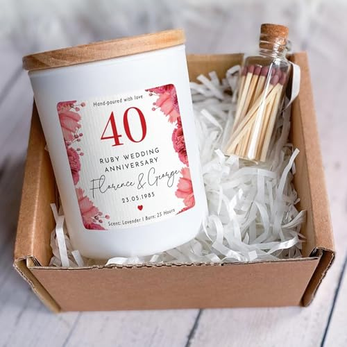 Pomchick - Personalised 40th Ruby Wedding Anniversary Candle Gift for Couples Parents Grandparents or Friends Scented Soy Wax with Names & Date