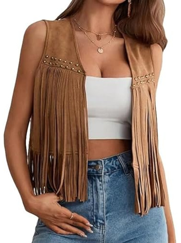 Edhomenn Womens Cowgirl Waistcoat Faux Suede Tassel Jacket Western Outfit (01 Brown, M)