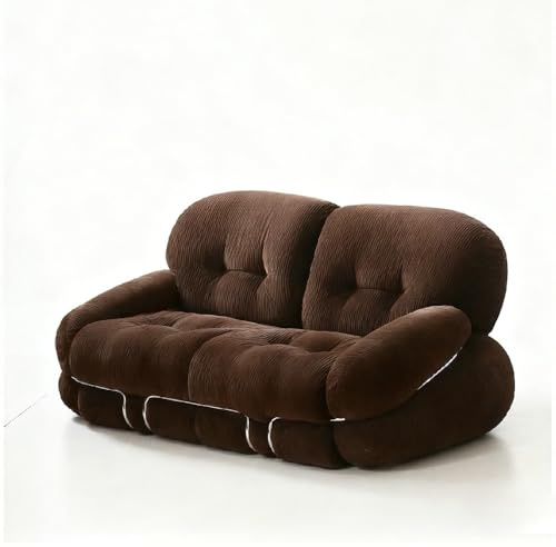 KIBONCY Zweisitzer-Sofa im Retro-Cord-Stil, gestepptes Sofa Mid-Century-Modern-Design mit Plüschkissen und Metallelementen, braun gepolstertes for das Wohnzimmer, Komfortmöbel Vintage-Stil