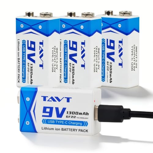 TAVT 4-Pack 1300mAh 9V Rechargeable Battery with USB-C Charging Port for Smoke Alarms, Toys, Multimeters, Walkie-Talkie, Microphones
