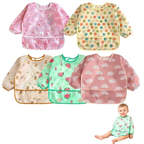 YIQILAIYA Set Bavaglini Impermeabili da 5 Pezzi, Bavaglino Svezzamento in Tasca, Bavaglini con Maniche Lavabili in Macchina, per Bambini da 3 a 30 Mesi
