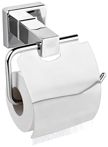 Toilet roll holder with lid self adhesive, Mounted Stainless Steel, Stick On Toilet Roll Holder Silver Chrome Finish, Drill-Free Bathroom Tissue Rack for Toilets, Bathrooms and Cabinets