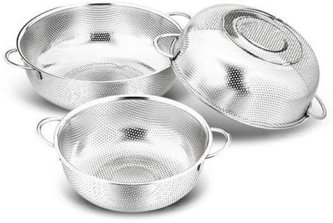 KICHOUSE Cesta de Drenaje Multiusos de Acero Inoxidable Plateada, Diámetro Exterior 22,5 Cm, Doble Asa y Malla Fina, para Lavar y Escurrir Frutas, Verduras y Arroz en Cocina Doméstica
