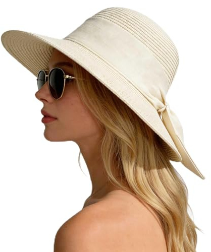 Seven-Flower Sun Hats for Women, Straw Hat Women Wide Brim UPF 50+ Packable Sun Hat, Floppy Bowknot Summer Hats for Women Beach Vacation Travel with Chin Strap