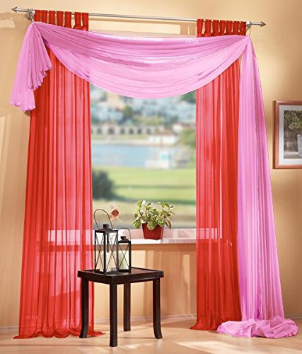 Gardinen Set, 2 x Schlaufenschal Voile, transparent, 245x140, Rot, 1 x Voile Querbehang, Freihanddeko, 140x600, Rosa, 61000560