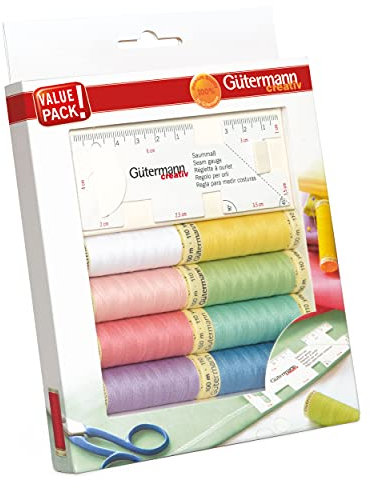 Gütermann creativ Sewing Thread Set with 8 spools Sew-All Thread 100 m in Pastel Colours + Seam Gauge
