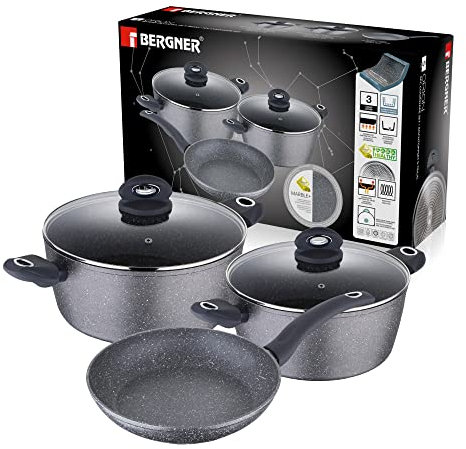 Bergner - Orion 5 Piece Non-Stick Pots and Pans Set - Induction Hob Aluminium Cookware Set - Includes 24cm Non Stick Frying Pan, 20cm and 24cm Saucepan Sets, 2 Glass Lids and Heat Resistant Handles