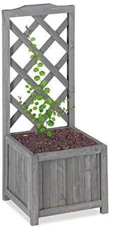 Relaxdays Rankkasten mit Rankgitter, wetterfest, Holz, f. Balkon, Garten, Rosen, Wein, 20 L Kübel, 90 cm Rankhilfe, grau