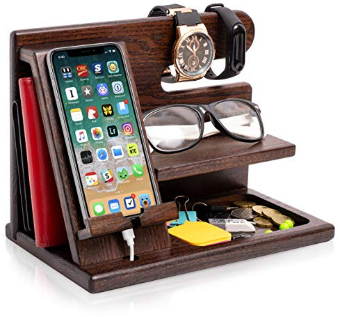 TESLYAR Holz Telefon Dockingstation Männer - Schreibtisch Organizer Holz, Handy & Schlüssel Organizer,Weihnachten Männer Geschenke Geburtstag, Nachttisch, Schreibtisch Organizer, Telefontisch