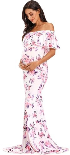 Glampunch Womens Off Shoulder Maternity Dress Ruffles Elegant Slim Gowns Fit Maxi Photography Dress