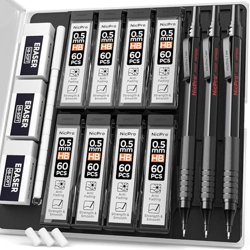 Nicpro Lot de 3 crayons mécaniques automatiques en métal noir avec 6 tubes HB et 3 gommes pour l'écriture de dessin, dessin et croquis Livré avec étui