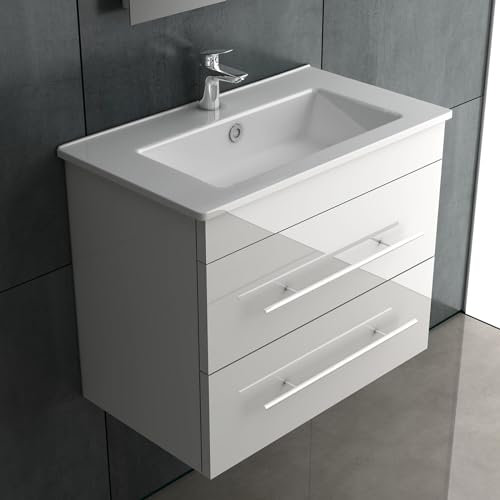 Alpenberger Waschbecken Badezimmer Waschtisch mit Unterschrank 60 cm Breit Hängend | Gäste WC Waschbecken mit Unterschrank Bad Möbel Modern Set | Kleiner Waschbeckenunterschrank Weiß