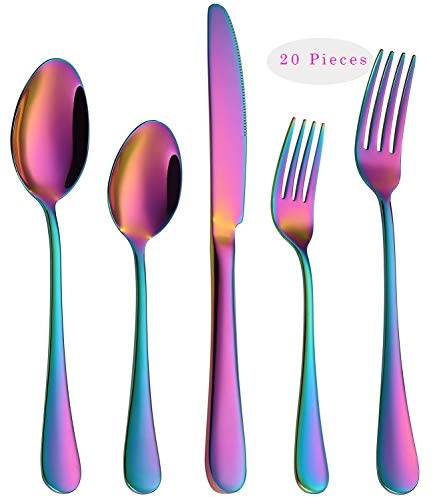 VANDBAO Rainbow Flatware Cutlery Silverware Set 20 Pieces, Stainless Steel Colorful Utensils, Tableware Set Service for 4, Include Knife/Fork/Spoon, Reusable, Mirror Polished, Dishwasher Safe