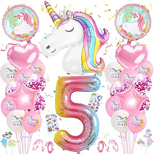 Einhorn Luftballons Geburtstagsdeko Set für 5. Geburtstag Mädchen | 3D Folienballon Einhorn, Zahl 5 Folienballon, Tortenauflegern, für Mädchen Geburtstags Festival Party Dekoration