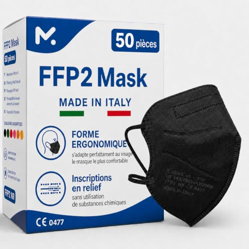 50 x Masque FFP2 Made in Italy noires Certifiés CE, Masque Jetable 4 Couches sans Valve, Masques Respiratoire de Protection contre la Poussière et Pollen, Masque a Forte Filtration BFE≥95, 50 Piéces