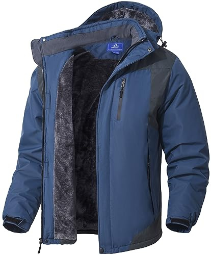 SPOSULEI Herren Winter Fleecejacke Warme Verdickt Gefüttert Skijacke Outdoor Winddicht Wasserdicht Jacke mit Abnehmbarer Kapuze für Wandern Cowboyblau XL
