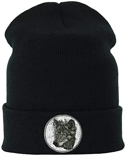 Varg stickad mössa premium varghuvud vintermössa varghund broderi stretchig lång beanie pojke herr unisex ullmössa med brätte Lone Wolf biker motiv, Varg mössa, En Storlek