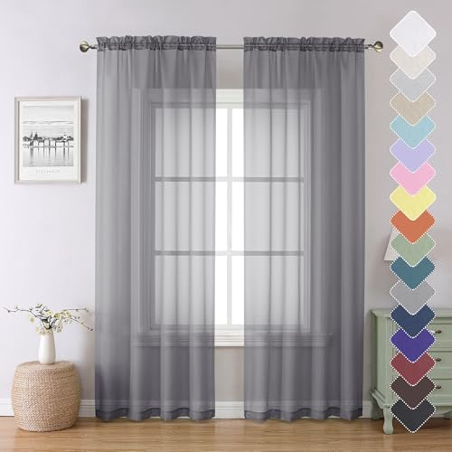 Lecloud Charcoal Grey Sheer Curtains 84 Inch Long for Living Room 2 Panels