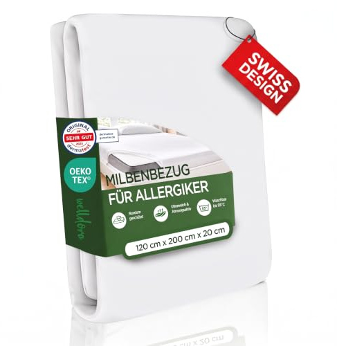 Welldora Milbenbezug Matratze 120x200x20, Premium Encasing, Allergiker | Fachärztlich getesteter Allergiker-Schutz gegen Milben | Mit Reissverschluss | Oeko-Tex | Waschbar bis 95°C | Schweizer Marke