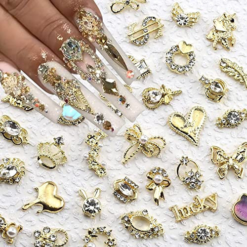 30 Stück Gold Nail Charms Luxus Zirkon Nagel Strasssteine 3D Nail Art Legierung Blume Schmetterling Nagelschmuck Schlange Kaninchen Herz Metall Anhänger Glitzersteine Nägel Zubehör