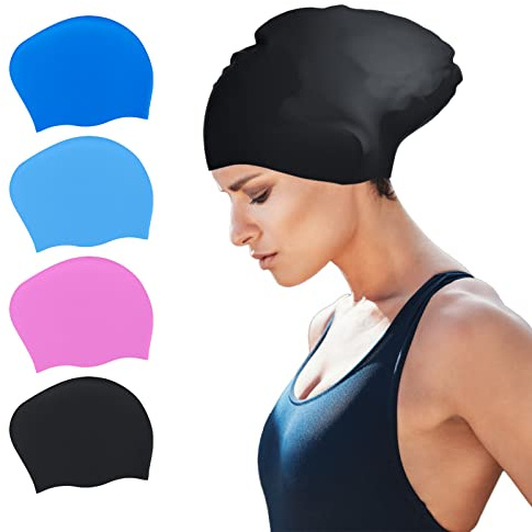 SUSNUAN Swimming Cap for Long Hair, Black Large Swimming Cap for Women Silicone Swimming Hat for Long Hair, Adult Swimming Hat Swim Cap, 21*26CM