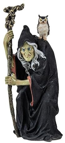Figura de una Bruja con Baston y Lechuza de Resina Pintado a Mano 10x8x30 cm