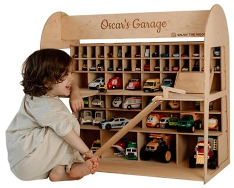 Toy Parking Garage with Elevator Wooden Toy Car Storage Small Car Compatible Gift for Toddlers 1-4 Years Old Organizer Case Shelf for Mini Toy Cars (Big, Dark Walnut)