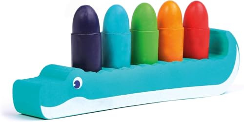 Ludi – Lápices para el baño – para Dibujar en Las Paredes – Borraables, sólidos, Resistentes al Agua – a Partir de 10 Meses – Destreza, Motricidad Fina, imaginación – 5 lápices y Soporte de cocodrilo