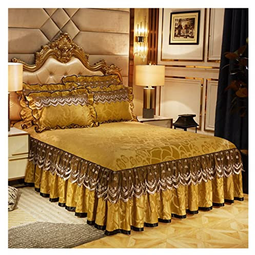 Betthusse 3-teiliges Bettwäsche-Set, luxuriöse weiche Bettdecken, erhöhter Bettrock, verstellbare Leinenblätter, Queen-Size-Bettbezug mit Kissenbezügen BettschüRze (Color : Golden, Size : 3pcs 180x2