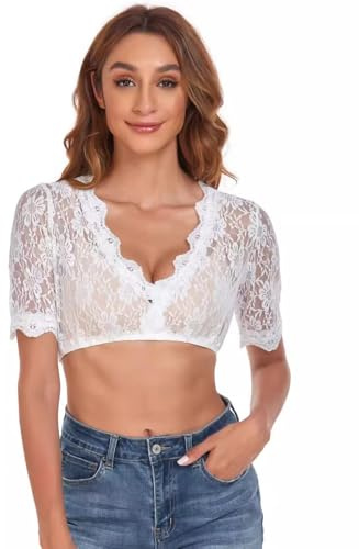 LIAMERHE Chemisier Dirndl pour Femme Blanc Dirndl en Dentelle Manches Courtes Col en V Costume de Oktoberfest Élégant Chemisier Traditionnel de Dirndl