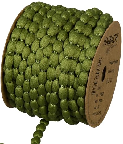Halbach Sidenband pompom bård | bredd 8 mm längd 15 m | Band med tofsar som pom ponsgirlang, bröllopsdekoration, trädgårdsfestdekoration | färg: mossgrön