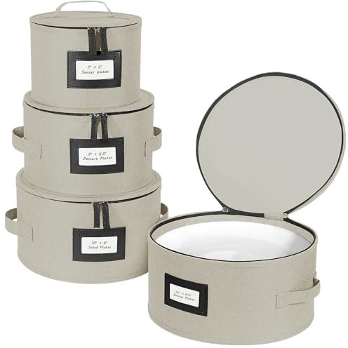 BALEINE China Storage Containers, Sturdy Quilted Wine Glass Storage, Plate Organizer with Carry Handles, Moving Boxes for Dishes, Cups, Mugs and Stemware (Plate, Hard Shell Cream)