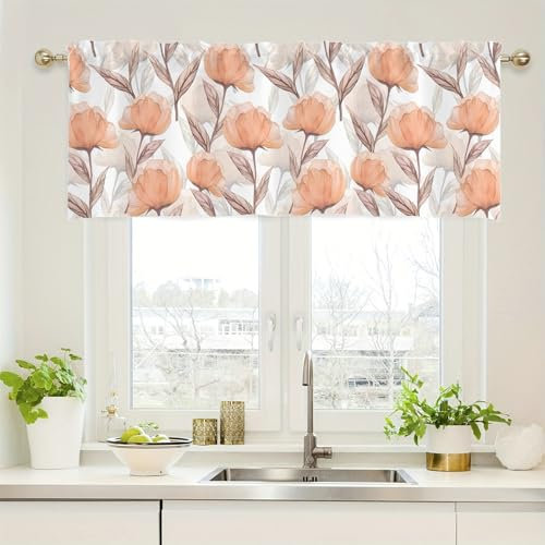Lirzxin Scheibengardine, Bistrogardine Küche Blickdicht Küchengardinen Aquarell Blumen Blätter Muster Polyester Fensterschal für Küche Wohnzimmer Landhaus, 137x45CM, Orange, 1 Stück
