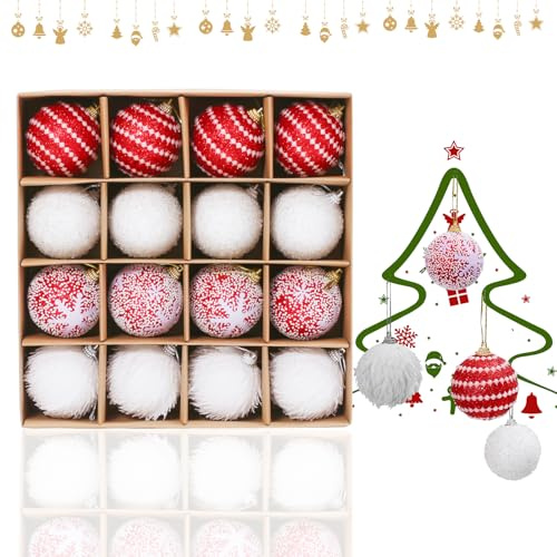 weihnachtskugeln,Weihnachtsbaumschmuck, 16 Stück, 6 cm, rote und weiße Weihnachtskugel, für Weihnachtsbaumdekoration,Christmas Decorations