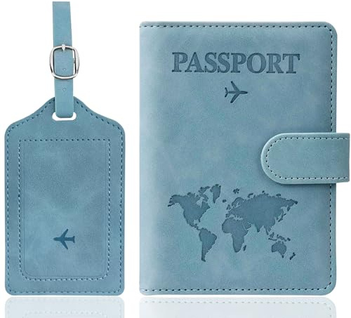 Reisepasshülle YOURKAY Reisepasshülle und Kofferanhänger Set, PU-Leder Passport Cover, Hülle Reisepass mit RFID-Blocker für Reisepass Kreditkarten Personalausweise Reisedokumente, Urlaub Gadget (Blau)