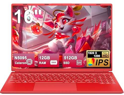 Ordenador Portátil 16 Pulgadas Celeron N5095 Up to 2.9Ghz, Portátil Win 11 con 5G WiFi 12+512GB SSD Expansión 1TB, BT 4.2 Mini Puerto Multimedia Portatiles Ventilador Refrigeración 1920*1200-Rojo