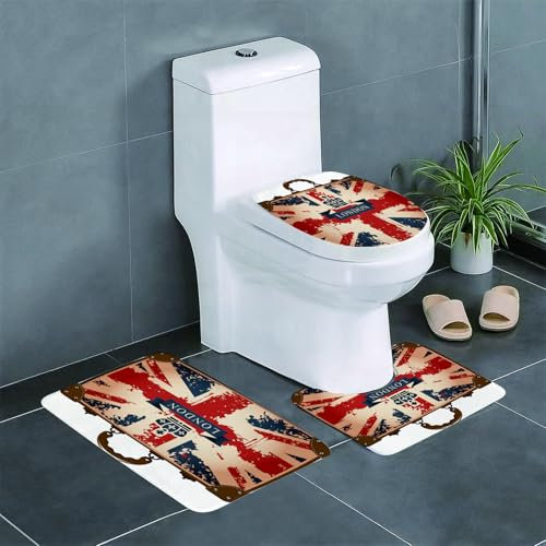 KGDHY Badezimmermatten-Sets 3-Teilig,Union Jack, Vintage Reisekoffer mit britischer Flagge, London-Band und Krone im,Bad und WC-Vorleger-Set,rutschfeste Badezimmerteppiche wasserabsorbierende