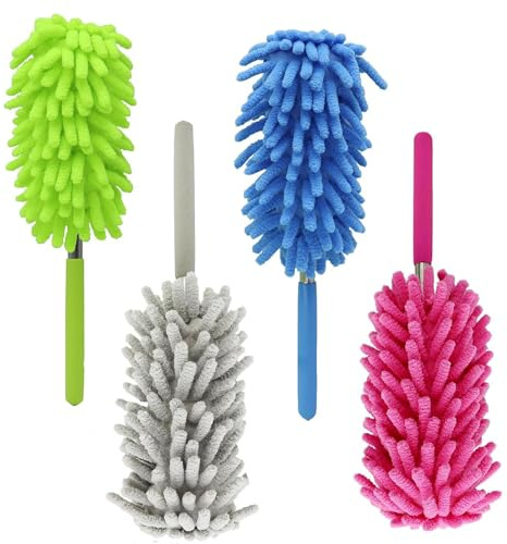 4 Pezzi Spolverino Telescopico Microfibra, Spolverino Telescopico, Togli Ragnatele Allungabile, Spolverino per Polvere, Lavabile con Asta Telescopica, Spolvero per Finestre, (Pieghevole)