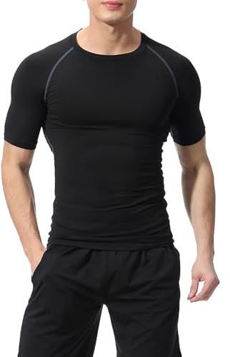 T Shirt Compression Homme Tee Shirt Respirant et Séchage Rapide Athlétique Hauts à Manches Courtes pour Fitness Entraînement Marathon Courir Gym,Noir Gris 2,XS