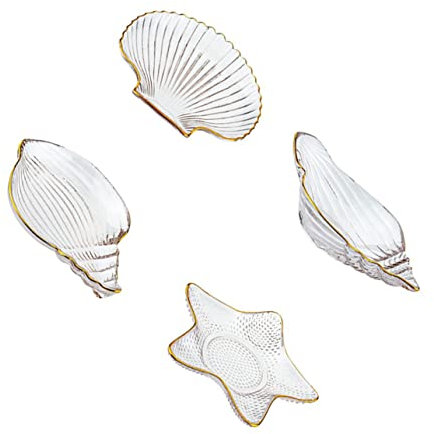 Veemoon 4pièces Plateau de Service à Fruits Forme de Coquillage Présentoir à Bijoux Assiette de Rangement Multifonction Doré Transparent