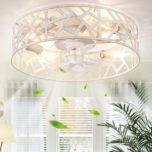 Wheatronic - Ventilatori da soffitto a gabbia da 20 pollici con luci e telecomando, ventilatore da soffitto a montaggio a incasso, colore bianco classico, ventilatori da soffitto senza pale di profilo